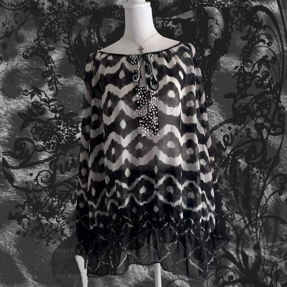 white beaded keyhole neck black and white sheer ikat print retro boho glam top